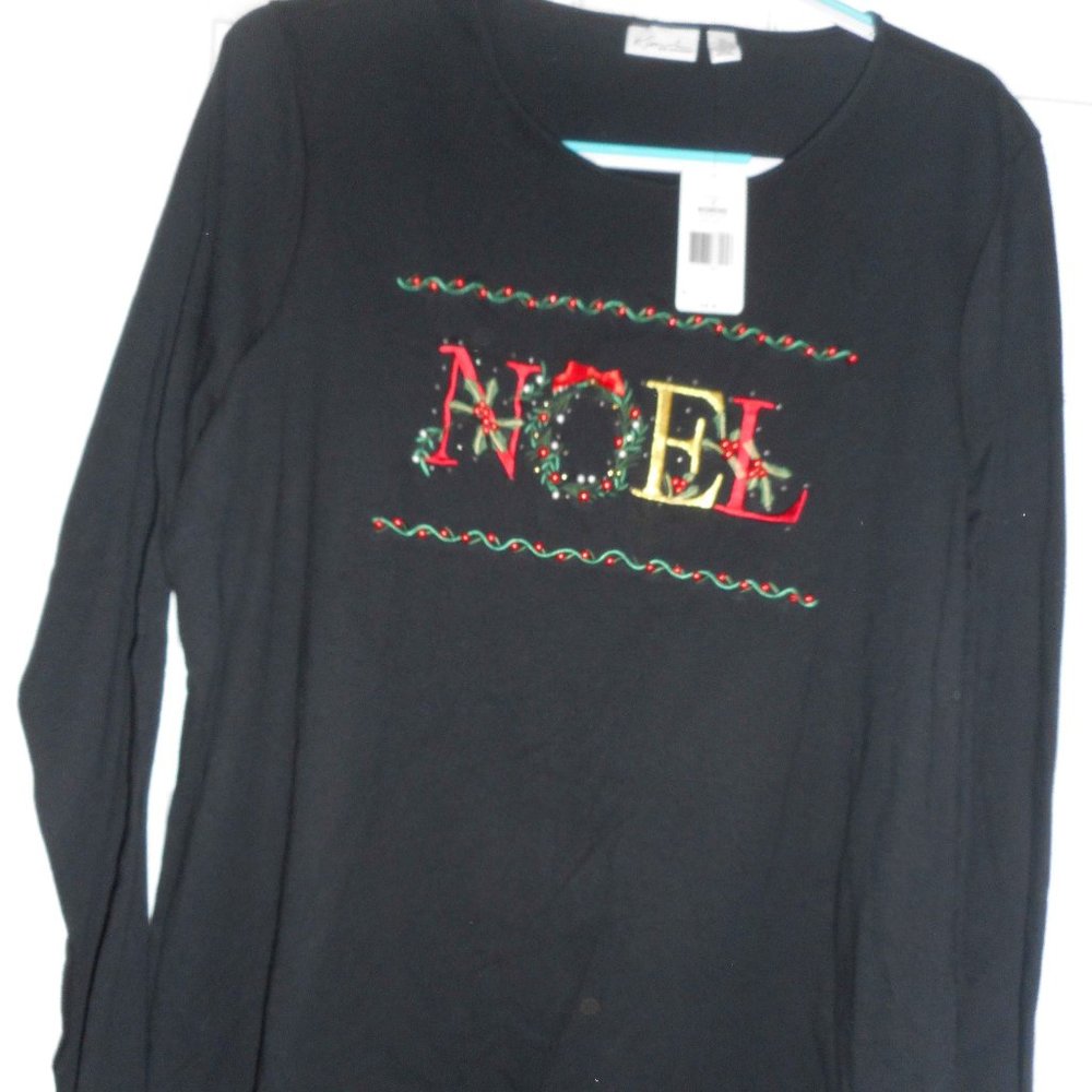 Black beaded Christmas shirt, Size 1X